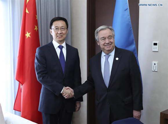 Chinese President Xi Jinping's special envoy Han Zheng (L), also a member of the Standing Committee of the Political Bureau of the Communist Party of China Central Committee, meets with UN Secretary-General Antonio Guterres in PyeongChang, South Korea, Feb. 9, 2018. (Xinhua/Pang Xinglei) Chinese President Xi Jinping's special envoy Han Zheng (L), also a member of the Standing Committee of the Political Bureau of the Communist Party of China Central Committee, meets with UN Secretary-General Antonio Guterres in PyeongChang, South Korea, Feb. 9, 2018. (Xinhua/Pang Xinglei)