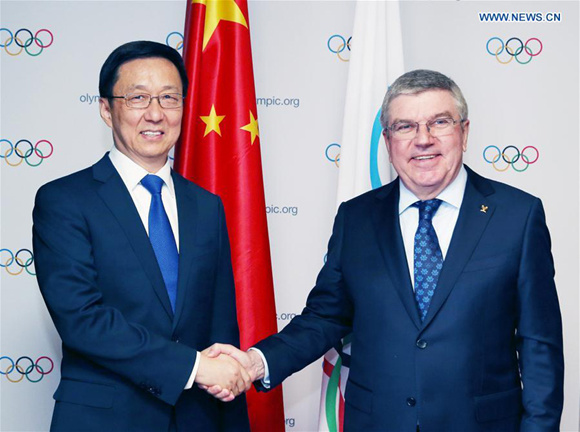 Chinese President Xi Jinping's special envoy Han Zheng (L), also a member of the Standing Committee of the Political Bureau of the Communist Party of China Central Committee, meets with Thomas Bach, president of the International Olympic Committee (IOC) in PyeongChang, South Korea, Feb. 9, 2018. (Xinhua/Yao Dawei) Chinese President Xi Jinping's special envoy Han Zheng (L), also a member of the Standing Committee of the Political Bureau of the Communist Party of China Central Committee, meets with Thomas Bach, president of the International Olympic Committee (IOC) in PyeongChang, South Korea, Feb. 9, 2018. (Xinhua/Yao Dawei)