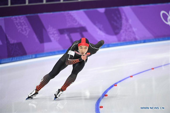 China's Gao Tingyu competes during men's 500m event of speed skating at 2018 PyeongChang Winter Olympic Games at Gangneung Oval, Gangneung, South Korea, Feb. 19, 2018. Gao Tingyu claimed third place in a time of 34.65 seconds. (Xinhua/Ju Huanzong) China's Gao Tingyu competes during men's 500m event of speed skating at 2018 PyeongChang Winter Olympic Games at Gangneung Oval, Gangneung, South Korea, Feb. 19, 2018. Gao Tingyu claimed third place in a time of 34.65 seconds. (Xinhua/Ju Huanzong)