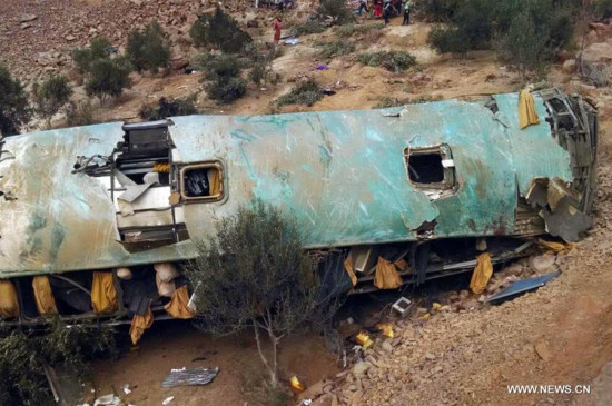 Photo taken on Feb. 21, 2018 shows the site of a bus accident off a highway in Camana, Arequipa, Peru. (Xinhua/ANDINA) Photo taken on Feb. 21, 2018 shows the site of a bus accident off a highway in Camana, Arequipa, Peru. (Xinhua/ANDINA)