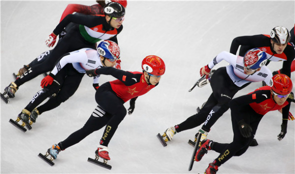 Team China in action in the men's 5,000-meter relay final on Thursday. Wu Dajing, Han Tianyu, Xu Hongzhi and Chen Dequan won the silver medal. (FENG YONGBIN/CHINA DAILY) Team China in action in the men's 5,000-meter relay final on Thursday. Wu Dajing, Han Tianyu, Xu Hongzhi and Chen Dequan won the silver medal. (FENG YONGBIN/CHINA DAILY)