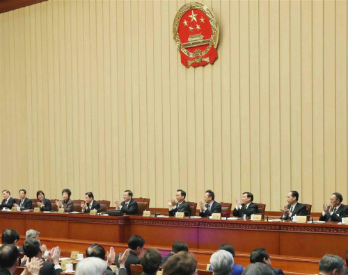 Zhang Dejiang, chairman of the Standing Committee of China's National People's Congress (NPC), presides over the closing meeting of the 33rd session of the 12th NPC Standing Committee in Beijing, capital of China, Feb. 24, 2018. (Xinhua/Liu Weibing)