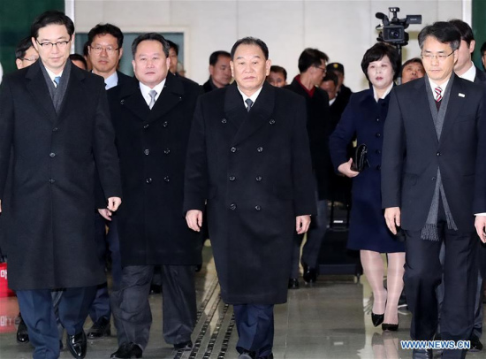A high-ranking delegation led by Kim Yong Chol(C), vice chairman of the Central Committee of the ruling Workers' Party of Korea, arrives at the inter-Korean transit office in Paju, South Korea, on Feb. 25, 2018. (Xinhua/Newsis) A high-ranking delegation led by Kim Yong Chol(C), vice chairman of the Central Committee of the ruling Workers' Party of Korea, arrives at the inter-Korean transit office in Paju, South Korea, on Feb. 25, 2018. (Xinhua/Newsis)