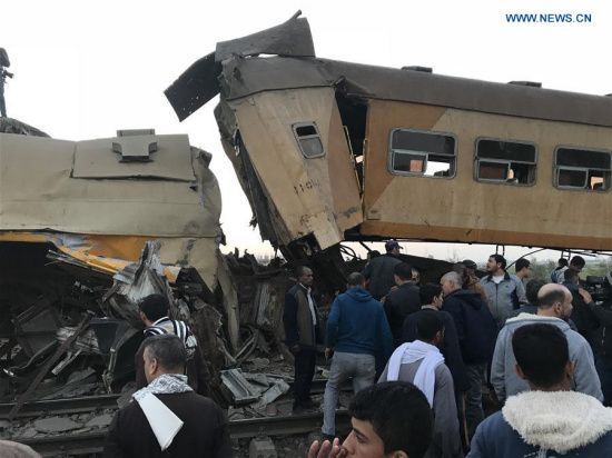Photo taken on Feb. 28, 2018 shows a train crash accident site in Beheira province, north of Egypt's capital city Cairo. (Xinhua/Ahmed Gomaa) Photo taken on Feb. 28, 2018 shows a train crash accident site in Beheira province, north of Egypt's capital city Cairo. (Xinhua/Ahmed Gomaa)