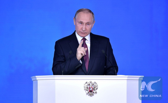 Russian President Vladimir Putin speaks at the Federal Assembly in Moscow on March 1, 2018. (Kremlin Photo)