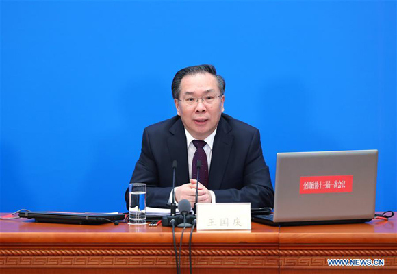 Wang Guoqing, spokesman of the first session of the 13th National Committee of the Chinese People's Political Consultative Conference (CPPCC), attends a press conference at the Great Hall of the People in Beijing, capital of China, March 2, 2018. The CPPCC National Committee held a press conference on Friday afternoon, one day ahead of its annual session.(Xinhua/Zhang Yuwei) Wang Guoqing, spokesman of the first session of the 13th National Committee of the Chinese People's Political Consultative Conference (CPPCC), attends a press conference at the Great Hall of the People in Beijing, capital of China, March 2, 2018. The CPPCC National Committee held a press conference on Friday afternoon, one day ahead of its annual session.(Xinhua/Zhang Yuwei)