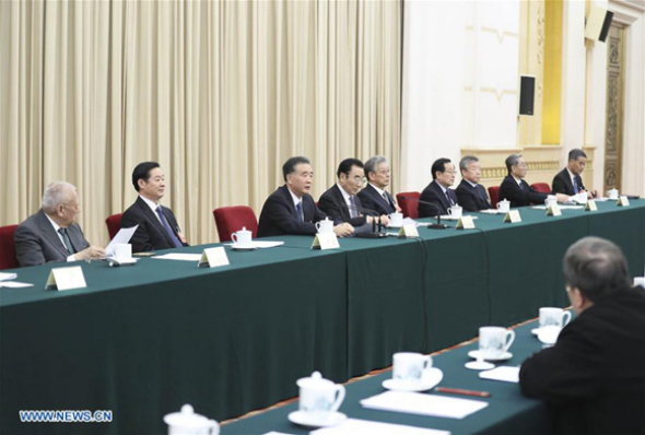 Wang Yang presides over the first meeting of the presidium of the first session of the 13th National Committee of the Chinese People's Political Consultative Conference (CPPCC) at the Great Hall of the People in Beijing, capital of China, March 2, 2018. (Xinhua/Ding Lin) Wang Yang presides over the first meeting of the presidium of the first session of the 13th National Committee of the Chinese People's Political Consultative Conference (CPPCC) at the Great Hall of the People in Beijing, capital of China, March 2, 2018. (Xinhua/Ding Lin)