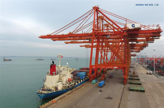 The Qinzhou Port is seen in Qinzhou City, south China's Guangxi Zhuang Autonomous Region, Jan. 10, 2018. China's national legislature convened its annual session Monday, announcing actions that will shape efforts in the years to come to make China a great modern socialist country.(Xinhua/Lu Boan)