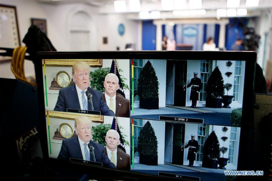 U.S. President Donald Trump is seen on a TV screen announcing tariffs on steel and aluminum, at the White House in Washington D.C., the United States, on March 8, 2018. (Xinhua/Ting Shen) U.S. President Donald Trump is seen on a TV screen announcing tariffs on steel and aluminum, at the White House in Washington D.C., the United States, on March 8, 2018. (Xinhua/Ting Shen)