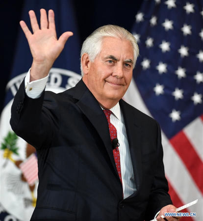 File photo taken on May 3, 2017 shows Rex Tillerson delivering a speech to State Department employees in Washington D.C., capital of the United States. (Xinhua/Bao Dandan)