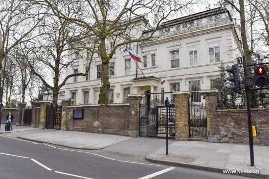 Photo taken on March 14, 2018 shows a general view of the exterior of the Russian Embassy in London, Britain. (Xinhua/Stephen Chung) Photo taken on March 14, 2018 shows a general view of the exterior of the Russian Embassy in London, Britain. (Xinhua/Stephen Chung)