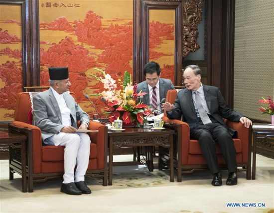 Chinese Vice President Wang Qishan (R) meets with Foreign Minister of Nepal Pradeep Kumar Gyawali in Beijing, capital of China, April 18, 2018. (Xinhua/Wang Ye) Chinese Vice President Wang Qishan (R) meets with Foreign Minister of Nepal Pradeep Kumar Gyawali in Beijing, capital of China, April 18, 2018. (Xinhua/Wang Ye)
