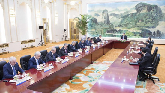 Chinese President Xi Jinping meets with Russian Foreign Minister Sergei Lavrov, Indian External Affairs Minister Sushma Swaraj, Kazakh Foreign Minister Kairat Abdrakhmanov, Kyrgyz Foreign Minister Erlan Abdyldaev, Pakistani Foreign Minister Khawaja Muhammad Asif, Tajik Foreign Minister Sirojidin Aslov, Uzbek Foreign Minister Abdulaziz Kamilov, Secretary-General of the Shanghai Cooperation Organization (SCO) Rashid Alimov and director of the SCO Regional Anti-Terrorist Structure (RATS) Executive Committee Yevgeniy Sysoyev in Beijing, capital of China, April 23, 2018. (Xinhua/Li Tao) Chinese President Xi Jinping meets with Russian Foreign Minister Sergei Lavrov, Indian External Affairs Minister Sushma Swaraj, Kazakh Foreign Minister Kairat Abdrakhmanov, Kyrgyz Foreign Minister Erlan Abdyldaev, Pakistani Foreign Minister Khawaja Muhammad Asif, Tajik Foreign Minister Sirojidin Aslov, Uzbek Foreign Minister Abdulaziz Kamilov, Secretary-General of the Shanghai Cooperation Organization (SCO) Rashid Alimov and director of the SCO Regional Anti-Terrorist Structure (RATS) Executive Committee Yevgeniy Sysoyev in Beijing, capital of China, April 23, 2018. (Xinhua/Li Tao)