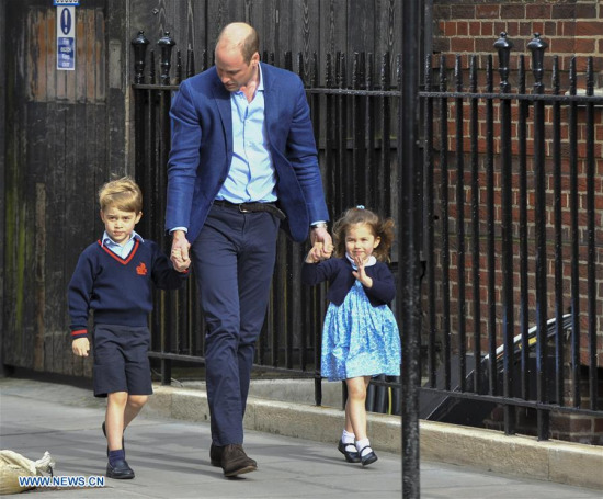 Britain's Prince William (2nd L), Duke of Cambridge arrives with Prince George (1st L) and Princess Charlotte (2nd R) to visit Britain's Catherine, Duchess of Cambridge, who has given birth to a baby boy at St Mary's Hospital in London, Britain, on April 23, 2018. Princess Kate on Monday gave birth to a boy, her third child, who is the fifth in line to the British throne. (Xinhua/Stephen Chung) Britain's Prince William (2nd L), Duke of Cambridge arrives with Prince George (1st L) and Princess Charlotte (2nd R) to visit Britain's Catherine, Duchess of Cambridge, who has given birth to a baby boy at St Mary's Hospital in London, Britain, on April 23, 2018. Princess Kate on Monday gave birth to a boy, her third child, who is the fifth in line to the British throne. (Xinhua/Stephen Chung)
