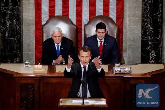 U.S. Vice President Mike Pence (L, Rear) and House Speaker Paul Ryan (R, Rear) listen as French President Emmanuel Macron (Front) addresses a joint session of the U.S. Congress in Washington D.C., the United States, on April 25, 2018. (Xinhua/Ting Shen) U.S. Vice President Mike Pence (L, Rear) and House Speaker Paul Ryan (R, Rear) listen as French President Emmanuel Macron (Front) addresses a joint session of the U.S. Congress in Washington D.C., the United States, on April 25, 2018. (Xinhua/Ting Shen)