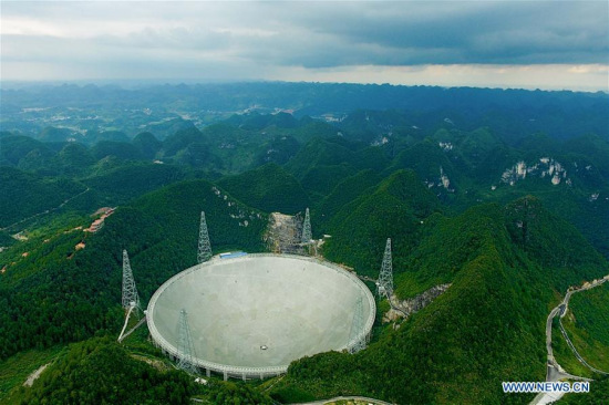 File photo taken on Aug. 9, 2017, shows the Five-hundred-meter Aperture Spherical Radio Telescope (FAST) in Pingtang County, southwest China's Guizhou Province. File photo taken on Aug. 9, 2017, shows the Five-hundred-meter Aperture Spherical Radio Telescope (FAST) in Pingtang County, southwest China's Guizhou Province.