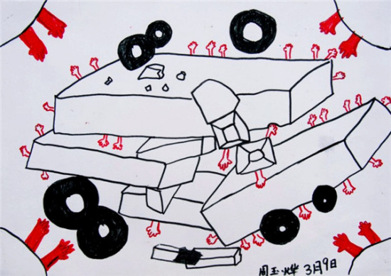 A drawing by Zhou Yuye showing how she was trapped in rubble after the quake. (Photo provided to China Daily)