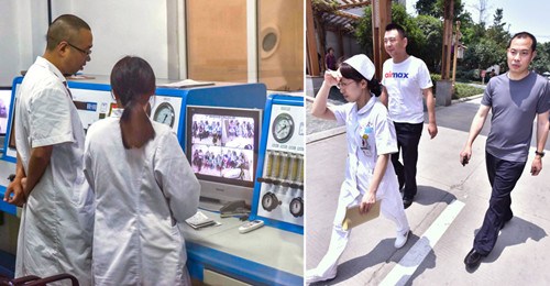 Left: Doctors monitor the status of crew members of the diverted flight, who are receiving treatment in a hyperbaric oxygen chamber at Chengdu No 1 People's Hospital on Tuesday. Right: Liu Chuanjian (right), captain of the flight, follows a nurse to receive the oxygen treatment. (Photo by Wang Huan/For China Daily) Left: Doctors monitor the status of crew members of the diverted flight, who are receiving treatment in a hyperbaric oxygen chamber at Chengdu No 1 People's Hospital on Tuesday. Right: Liu Chuanjian (right), captain of the flight, follows a nurse to receive the oxygen treatment. (Photo by Wang Huan/For China Daily)