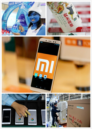 Pictured from the top right are detergent maker Blue Moon, bottled water and beverage company Nongfu Spring, tech firm Xiaomi, smartphone maker Oppo and home appliance giant Gree. (Photo/chinadaily.com.cn)
