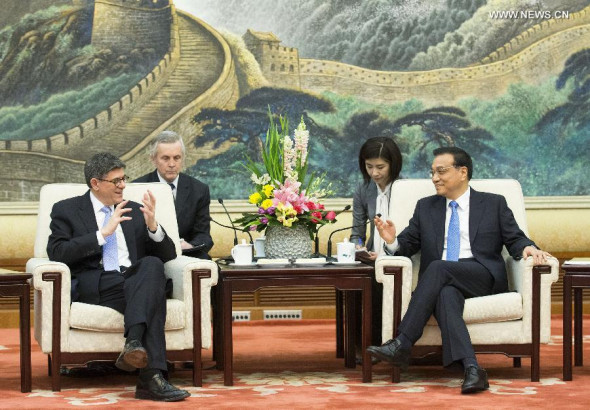 Chinese Premier Li Keqiang (R) meets with Treasury Secretary of the United States Jacob Lew in Beijing, capital of China, March 30, 2015. (Xinhua/Huang Jingwen) Chinese Premier Li Keqiang (R) meets with Treasury Secretary of the United States Jacob Lew in Beijing, capital of China, March 30, 2015. (Xinhua/Huang Jingwen)