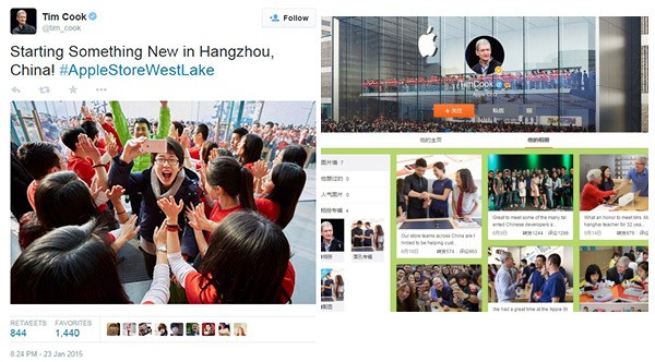 Screenshots show the tweets posted on Twitter account (left) and Weibo account of Tim Cook, CEO of Apple Inc. The overall tweets on both social media platform present the face-to-face communication between the boss of the world's first publicly traded companies by market share and his customers. Screenshots show the tweets posted on Twitter account (left) and Weibo account of Tim Cook, CEO of Apple Inc. The overall tweets on both social media platform present the face-to-face communication between the boss of the world's first publicly traded companies by market share and his customers.