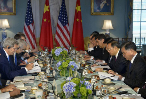 Chinese Vice Premier Wang Yang (1st R), Chinese State Councilor Yang Jiechi (2nd R) and US Secretary of State John Kerry (1st L) attend a special meeting on climate change under the framework of the seventh round of the China-US Strategic and Economic Dialogue (S&ED), in Washington D.C., the United States, on June 23, 2015.(Photo/Xinhua) Chinese Vice Premier Wang Yang (1st R), Chinese State Councilor Yang Jiechi (2nd R) and US Secretary of State John Kerry (1st L) attend a special meeting on climate change under the framework of the seventh round of the China-US Strategic and Economic Dialogue (S&ED), in Washington D.C., the United States, on June 23, 2015.(Photo/Xinhua)