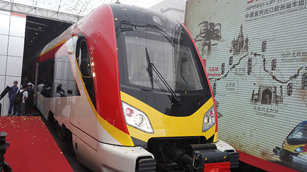 The first electric multiple unit train produced for Macedonia by a subsidiary of the China Railway Rolling Stock Corp sports the colors of the Balkan country's flag as it awaits delivery. (Photo/China Daily) The first electric multiple unit train produced for Macedonia by a subsidiary of the China Railway Rolling Stock Corp sports the colors of the Balkan country's flag as it awaits delivery. (Photo/China Daily)