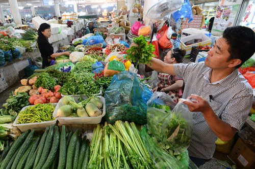 Residents in Fuyang, Anhui province, buy vegetables at a market on Thursday. In the first half of the year, The Consumer Price Index rose 1.3 percent from a year earlier, much lower than the annual target of 3 percent. (Photo/China Daily) Residents in Fuyang, Anhui province, buy vegetables at a market on Thursday. In the first half of the year, The Consumer Price Index rose 1.3 percent from a year earlier, much lower than the annual target of 3 percent. (Photo/China Daily)