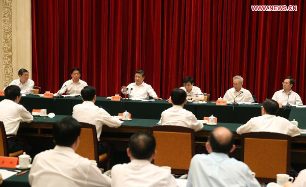 Chinese President Xi Jinping (back, 3rd L) speaks during a discussion with provincial officials after an inspection tour to Jilin from Thursday to Saturday in Changchun, northeast China's Jilin Province, July 17, 2015. (Photo: Xinhua/Yao Dawei) Chinese President Xi Jinping (back, 3rd L) speaks during a discussion with provincial officials after an inspection tour to Jilin from Thursday to Saturday in Changchun, northeast China's Jilin Province, July 17, 2015. (Photo: Xinhua/Yao Dawei)