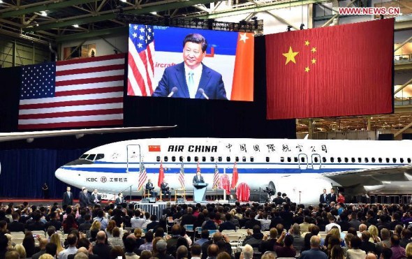 Chinese President Xi Jinping addresses a welcome ceremony held by Boeing Company during his visit to the Boeing Company's commercial airplane factory in Everett of Washington State, the United States, Sept. 23, 2015. (Photo: Xinhua/Li Tao) Chinese President Xi Jinping addresses a welcome ceremony held by Boeing Company during his visit to the Boeing Company's commercial airplane factory in Everett of Washington State, the United States, Sept. 23, 2015. (Photo: Xinhua/Li Tao)