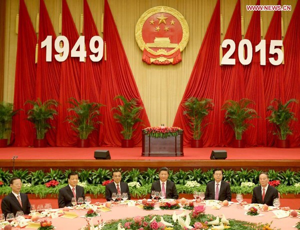 Chinese President Xi Jinping (3rd R), Premier Li Keqiang (3rd L), and senior leaders Zhang Dejiang (2nd R), Liu Yunshan (2nd L), Wang Qishan (1st R) and Zhang Gaoli attend a reception held by the State Council to celebrate the 66th anniversary of the founding of the People's Republic of China, in Beijing, capital of China, Sept. 30, 2015. (Xinhua/Yao Dawei) Chinese President Xi Jinping (3rd R), Premier Li Keqiang (3rd L), and senior leaders Zhang Dejiang (2nd R), Liu Yunshan (2nd L), Wang Qishan (1st R) and Zhang Gaoli attend a reception held by the State Council to celebrate the 66th anniversary of the founding of the People's Republic of China, in Beijing, capital of China, Sept. 30, 2015. (Xinhua/Yao Dawei)