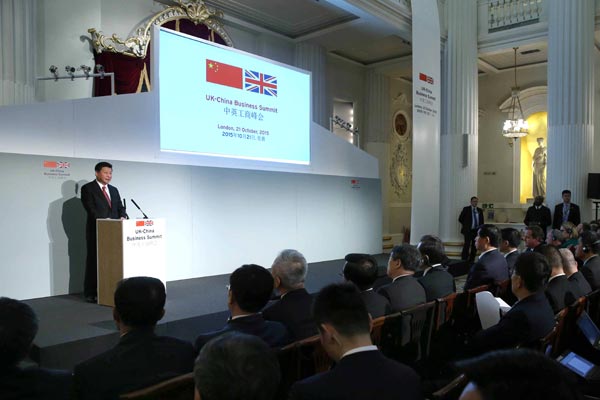 Chinese President Xi Jinping delivers a speech at the UK-China Business Summit in London Oct 21, 2015.(Photo/Xinhua) Chinese President Xi Jinping delivers a speech at the UK-China Business Summit in London Oct 21, 2015.(Photo/Xinhua)