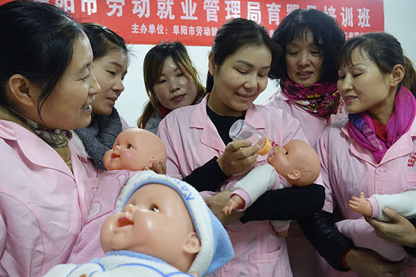 Babysitters attend a training class in Fuyang, Anhui province, in November. The babycare business is becoming an increasingly hot sector in China since the country proposed putting an end to the decades-old one-child family planning policy in late October. Wang Biao / for China Daily Babysitters attend a training class in Fuyang, Anhui province, in November. The babycare business is becoming an increasingly hot sector in China since the country proposed putting an end to the decades-old one-child family planning policy in late October. Wang Biao / for China Daily