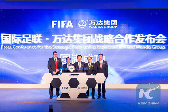 Press Conference for the Strategic Partnership between FIFA and Wanda Group. (Xinhua photo) Press Conference for the Strategic Partnership between FIFA and Wanda Group. (Xinhua photo)