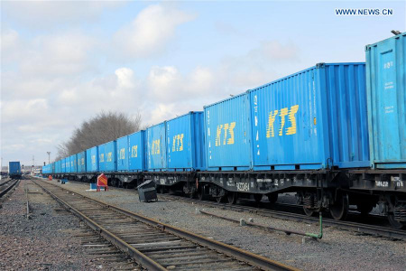 The Chang'an cargo train leaves the train station at the town of Dostyk, Kazakhstan, March 20, 2016. (Photo: Xinhua/Zhou Liang) The Chang'an cargo train leaves the train station at the town of Dostyk, Kazakhstan, March 20, 2016. (Photo: Xinhua/Zhou Liang)