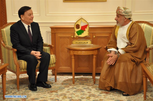 Vice chairman of the Standing Committee of China's National People's Congress and President of China-Arab Friendship Association Arken Imirbaki (L) meets with Deputy Chairman of the State Council of Oman Al Khattab bin Ghalib al-Hina'ei in Muscat, Oman, March 24, 2016. (Xinhua/Sun Lei) Vice chairman of the Standing Committee of China's National People's Congress and President of China-Arab Friendship Association Arken Imirbaki (L) meets with Deputy Chairman of the State Council of Oman Al Khattab bin Ghalib al-Hina'ei in Muscat, Oman, March 24, 2016. (Xinhua/Sun Lei)