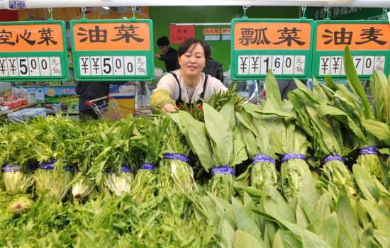 A vegetable vendor organizes her products inside a supermarket in Cangzhou City, north China's Hebei Province, April 10, 2016. China's Consumer Price Index (CPI) saw a 2.3% year-on-year increase in March, same as in February, official data showed Monday. (Xinhua/Mou Yu) A vegetable vendor organizes her products inside a supermarket in Cangzhou City, north China's Hebei Province, April 10, 2016. China's Consumer Price Index (CPI) saw a 2.3% year-on-year increase in March, same as in February, official data showed Monday. (Xinhua/Mou Yu)