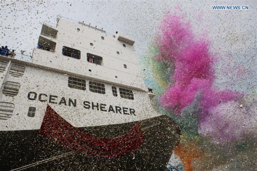 Photo taken on April 27, 2016 shows the livestock carrier Ocean Shearer at its unveiling ceremony in Dalian, northeast China's Liaoning Province. The ship is 189.5 meters long, 31.1 meters wide and and 24.33 meters in moulded depth. Constructed by Cosco Shipyard in Dalian, it is the current largest livestock carrier built in a Chinese shipyard, which could accommodate about 17,000 live cattle. (Photo: Xinhua/Ding Hongfa) Photo taken on April 27, 2016 shows the livestock carrier Ocean Shearer at its unveiling ceremony in Dalian, northeast China's Liaoning Province. The ship is 189.5 meters long, 31.1 meters wide and and 24.33 meters in moulded depth. Constructed by Cosco Shipyard in Dalian, it is the current largest livestock carrier built in a Chinese shipyard, which could accommodate about 17,000 live cattle. (Photo: Xinhua/Ding Hongfa)