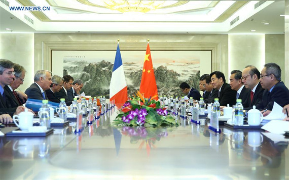 Chinese Foreign Minister Wang Yi (3rd R) meets with French Foreign Minister Jean-Marc Ayrault (3rd L) in Beijing, capital of China, May 16, 2016. (Photo: Xinhua/Ding Haitao) Chinese Foreign Minister Wang Yi (3rd R) meets with French Foreign Minister Jean-Marc Ayrault (3rd L) in Beijing, capital of China, May 16, 2016. (Photo: Xinhua/Ding Haitao)