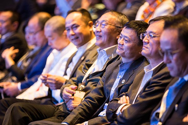 Jack Ma (third from right), executive chairman of Alibaba Group Holding Ltd, seen among Chinese tech millionaires during the opening ceremony of an academic symposium in Hangzhou, Zhejiang province. (Xu Kangping/For China Daily) Jack Ma (third from right), executive chairman of Alibaba Group Holding Ltd, seen among Chinese tech millionaires during the opening ceremony of an academic symposium in Hangzhou, Zhejiang province. (Xu Kangping/For China Daily)