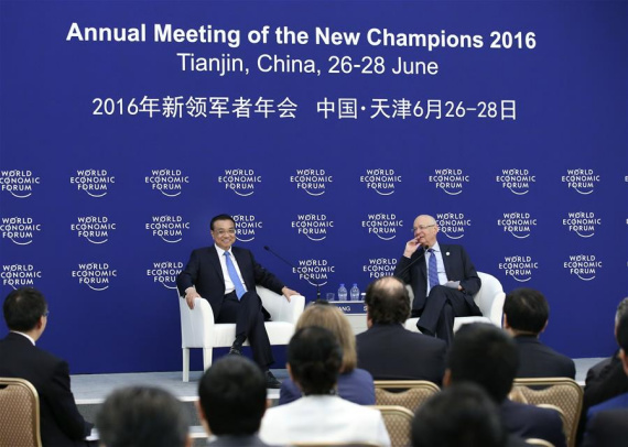 Chinese Premier Li Keqiang (L, rear) holds talks with business executives attending the Annual Meeting of the New Champions 2016, or the Summer Davos Forum, in Tianjin, north China, June 28, 2016. (Photo: Xinhua/Pang Xinglei) Chinese Premier Li Keqiang (L, rear) holds talks with business executives attending the Annual Meeting of the New Champions 2016, or the Summer Davos Forum, in Tianjin, north China, June 28, 2016. (Photo: Xinhua/Pang Xinglei)
