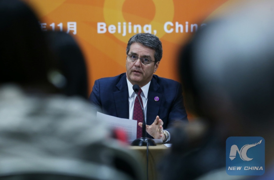 Roberto Azevedo, the Director-General of World Trade Organization (WTO) holds a press conference on the 26th APEC Ministerial Meeting at the China National Convention Center in Beijing, China, Nov. 8, 2014. (Xinhua/Wang Shen) Roberto Azevedo, the Director-General of World Trade Organization (WTO) holds a press conference on the 26th APEC Ministerial Meeting at the China National Convention Center in Beijing, China, Nov. 8, 2014. (Xinhua/Wang Shen)