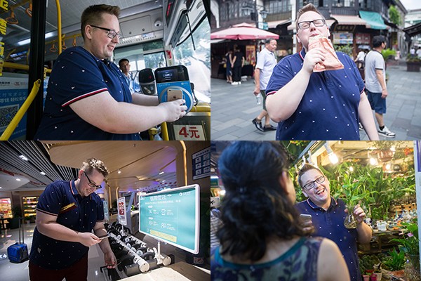 Clockwise from top left: He buys a bus ticket using Alipay, enjoys a snack paid for with an app, rents an umbrella at Hangzhou East Railway Station, and buys a bouquet of flowers at Wushan Flower and Fish Market. (Photo/China Daily) Clockwise from top left: He buys a bus ticket using Alipay, enjoys a snack paid for with an app, rents an umbrella at Hangzhou East Railway Station, and buys a bouquet of flowers at Wushan Flower and Fish Market. (Photo/China Daily)
