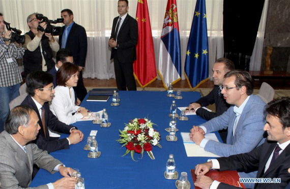 Serbian Prime Minister Aleksandar Vucic (2nd-R) holds a meeting with senior vice-president of Huawei Tang Xiaoming (2nd-L) in Belgrade, Serbia, on Oct. 5, 2016. A fixed network transformation project was launched here Wednesday between China's Huawei and Serbia's national operator Telekom Srbija, marking the start of the first large-scale cooperation in the information and communication technology between China and Serbia. (Xinhua/Nemanja Cabric) Serbian Prime Minister Aleksandar Vucic (2nd-R) holds a meeting with senior vice-president of Huawei Tang Xiaoming (2nd-L) in Belgrade, Serbia, on Oct. 5, 2016. A fixed network transformation project was launched here Wednesday between China's Huawei and Serbia's national operator Telekom Srbija, marking the start of the first large-scale cooperation in the information and communication technology between China and Serbia. (Xinhua/Nemanja Cabric)