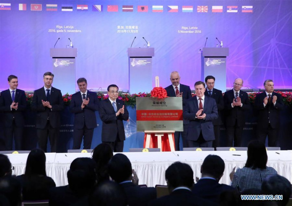 Chinese Premier Li Keqiang (4th L) and Latvian Prime Minister Maris Kucinskis (4th R) attend an unveiling ceremony for Sino-CEEF Holding Company Limited in Riga, Latvia, Nov. 5, 2016. (Xinhua/Liu Weibing) Chinese Premier Li Keqiang (4th L) and Latvian Prime Minister Maris Kucinskis (4th R) attend an unveiling ceremony for Sino-CEEF Holding Company Limited in Riga, Latvia, Nov. 5, 2016. (Xinhua/Liu Weibing)