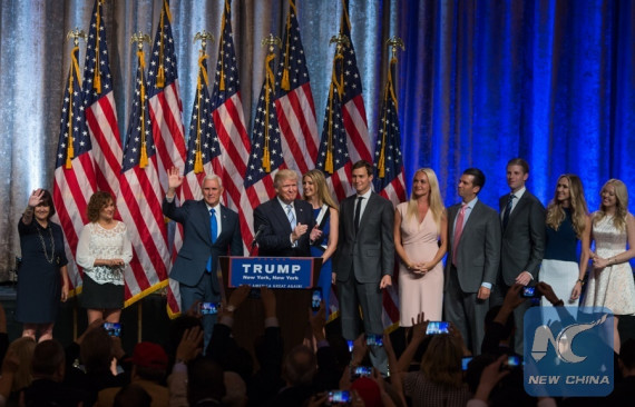U.S. presumptive Republican Presidential nominee Donald Trump (4th, left) and his running mate Indiana Governor Mike Pence (3rd, left) are joined by their families on stage during a campaign event in New York, the United States, July 16, 2016. (Photo: Xinhua/Li Muzi) U.S. presumptive Republican Presidential nominee Donald Trump (4th, left) and his running mate Indiana Governor Mike Pence (3rd, left) are joined by their families on stage during a campaign event in New York, the United States, July 16, 2016. (Photo: Xinhua/Li Muzi)