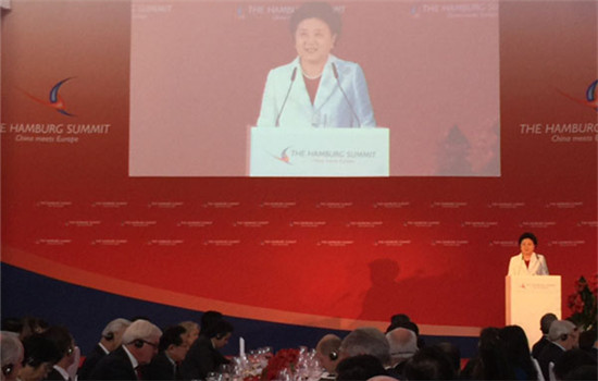 Visiting Chinese Vice-Premier Liu Yandong urged the EU to promote free trade and abandon protectionism at Hamburg summit. (Photo by Fu Jing/chinadaily.com.cn) Visiting Chinese Vice-Premier Liu Yandong urged the EU to promote free trade and abandon protectionism at Hamburg summit. (Photo by Fu Jing/chinadaily.com.cn)