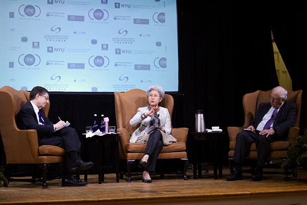 Fu Ying, chairwoman of the Foreign Affairs Committee of the National People's Congress, attends the China-US forum on Thursday held by New York University and the China-US Exchange Foundation at the NYU Law School. Hezi Jiang / China Daily Fu Ying, chairwoman of the Foreign Affairs Committee of the National People's Congress, attends the China-US forum on Thursday held by New York University and the China-US Exchange Foundation at the NYU Law School. Hezi Jiang / China Daily