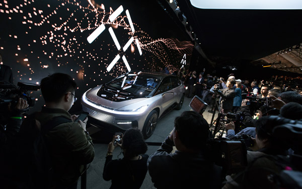 FF91, the new EV made by Faraday Future, is on display after the launch ceremony held in January 3, 2017 in Las Vegas. (Photo provided to chinadaily.com.cn) FF91, the new EV made by Faraday Future, is on display after the launch ceremony held in January 3, 2017 in Las Vegas. (Photo provided to chinadaily.com.cn)