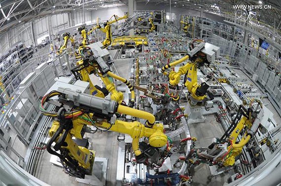 Robots work on a production line at a car factory in Cangzhou city, north China's Hebei Province, Oct. 18, 2016. (Xinhua/Mou Yu) Robots work on a production line at a car factory in Cangzhou city, north China's Hebei Province, Oct. 18, 2016. (Xinhua/Mou Yu)